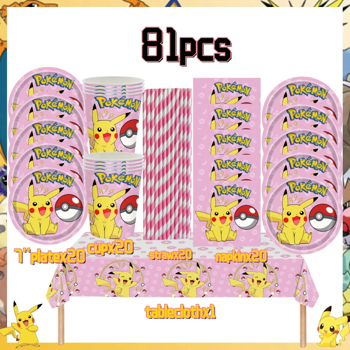 Pink Pokemon Birthday Party Decoration Disposable Tableware Set Pikachu Tablecloth Cup Plate Baby Shower Kids Diy Party Supplies