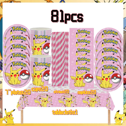 Pink Pokemon Birthday Party Decoration Disposable Tableware Set Pikachu Tablecloth Cup Plate Baby Shower Kids Diy Party Supplies