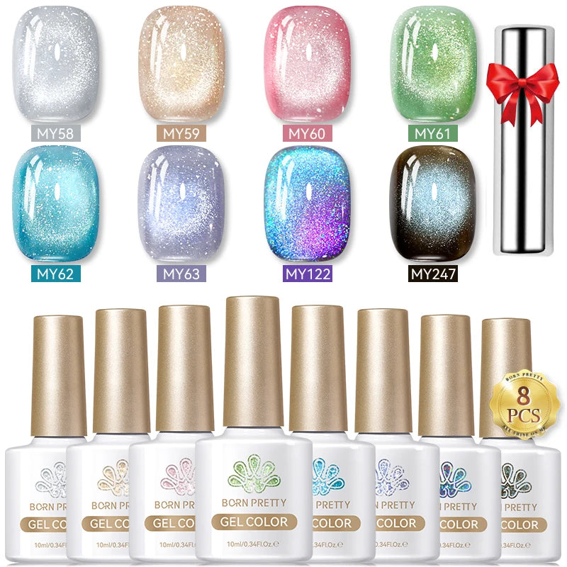 BORN PRETTY 8Pcs Glitter Cat Magnetic Nail Gel Polish Set Moonlight Transparent Summer Semi Permanent UV Gel Soak Off Nail Gel