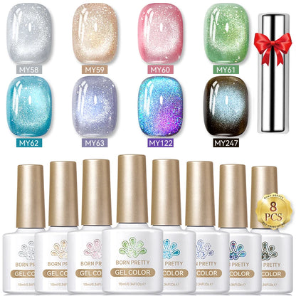 BORN PRETTY 8Pcs Glitter Cat Magnetic Nail Gel Polish Set Moonlight Transparent Summer Semi Permanent UV Gel Soak Off Nail Gel