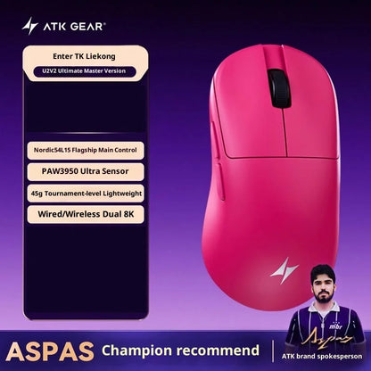 ATK Blazing Sky U2V2 Lightweight Gaming Mouse 39g 3 Mode Wireless with Paw3950 8000Hz Paw3395 for FPS Gamers PC Accessories