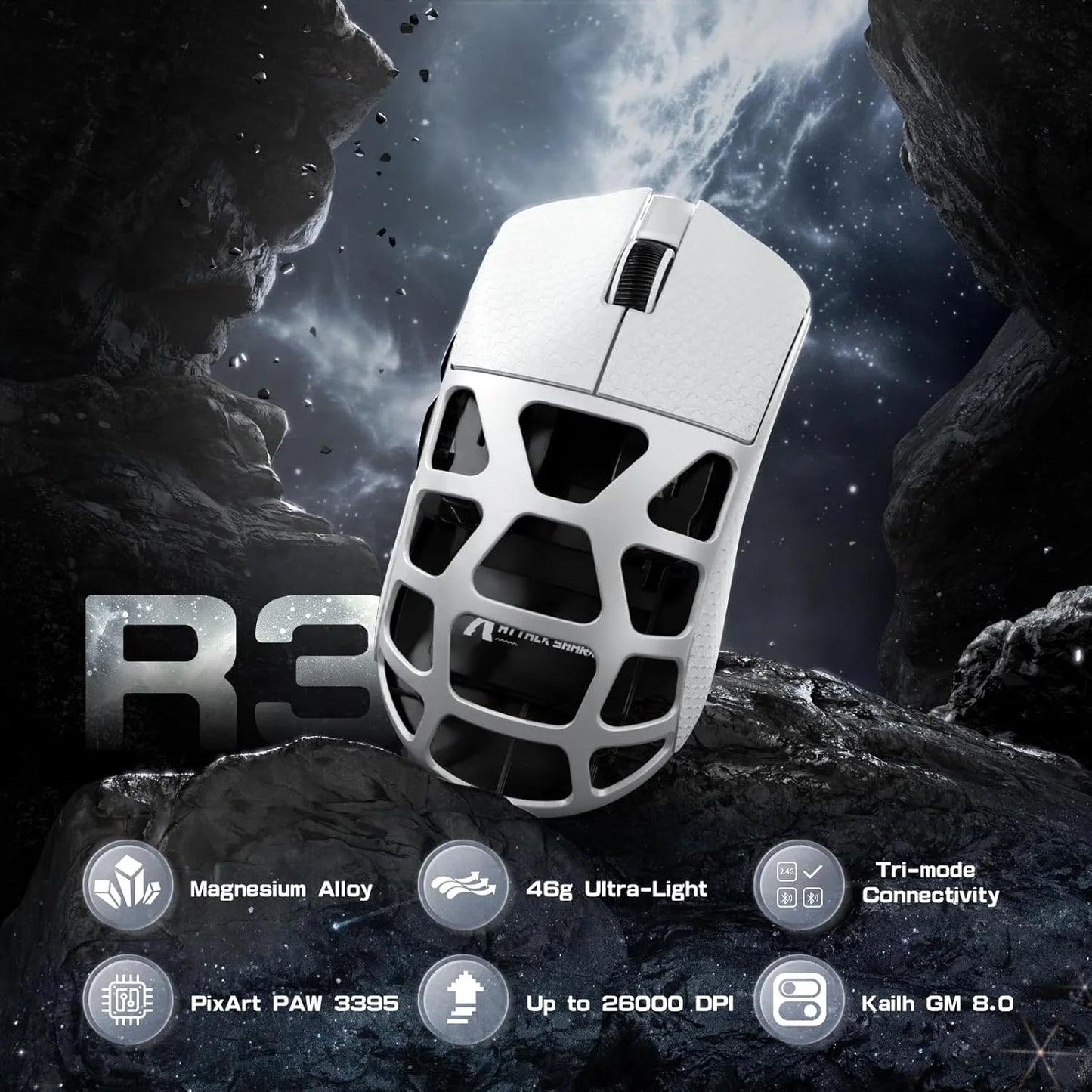 ATTACK SHARK R3 46g Superlight Magnesium Alloy Wireless Gaming Mouse BT/2.4G/Wired 8K Polling Rate PAW3395 26K DPI Programmable