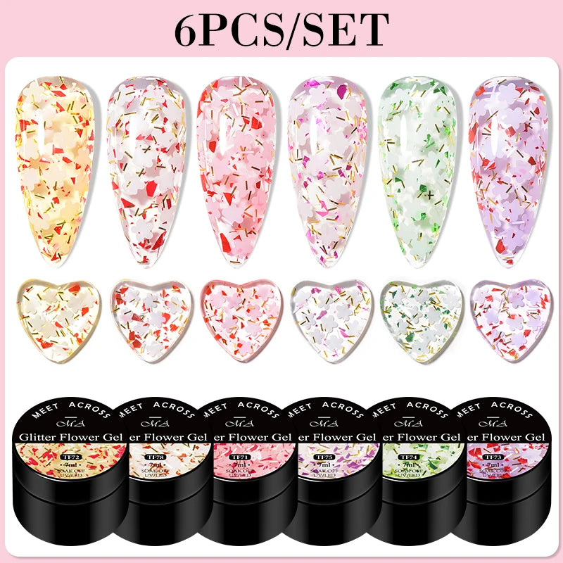 MEET ACROSS 6Pcs/Set 8ml Macaron Glitter Sequins Nail Gel Polish Heart diamond Shaped Nart Art UV Gel Varnish For Manicure