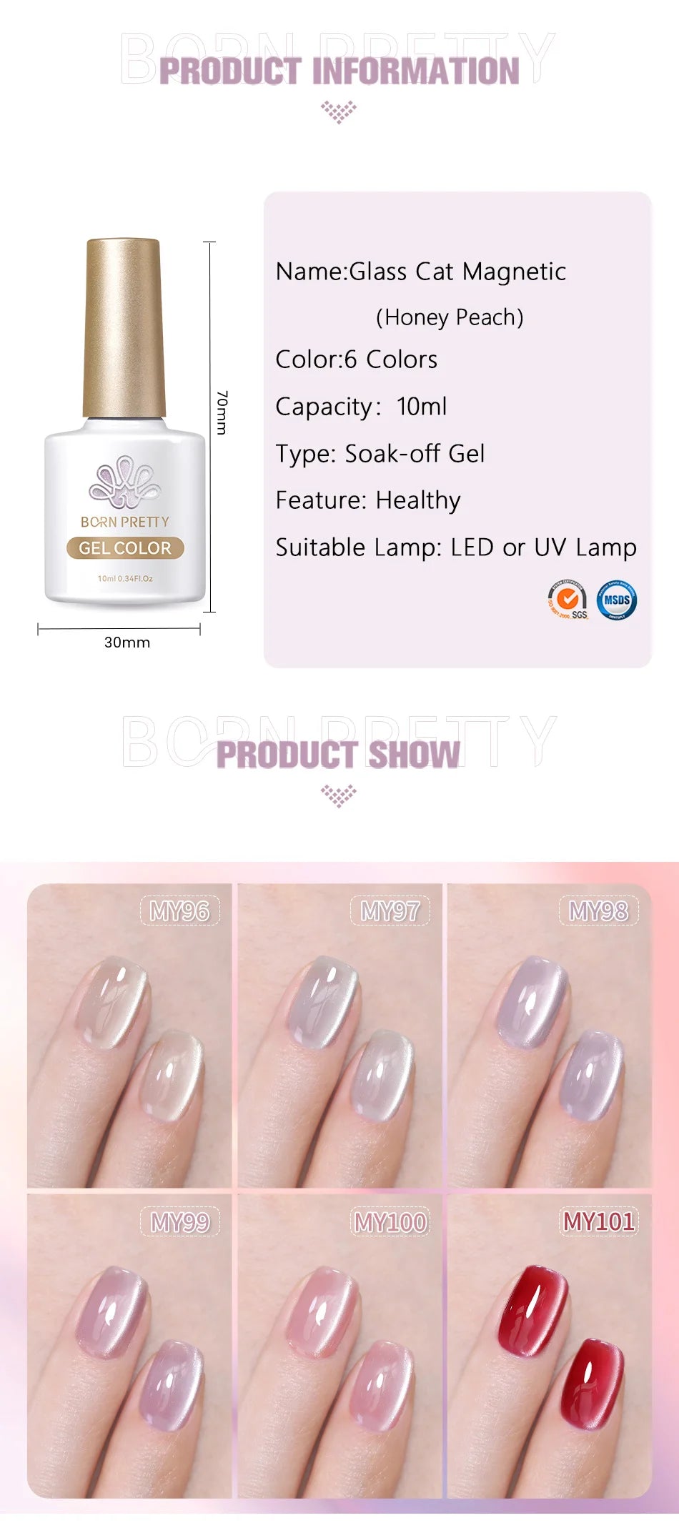 BORN PRETTY Sparkling Glass Bead Cat Magnetic Gel Nail Polish Flash White Spar Red Color Semi Permanent Soak Off UV Gel Varnish