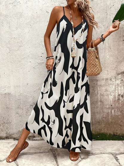 Summer 2026 Women's Fashion Slim Fit Floral Print V-Neck Loose Holiday Style Dress Knitted Fabric A- Line Skirt Casual Wear