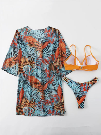 Three Pieces Bikini Set Cover Up Women 2023 New Push Up Twist Swimsuit Print Long Sleeve Swimwear Biquini Bathing Suit Summer