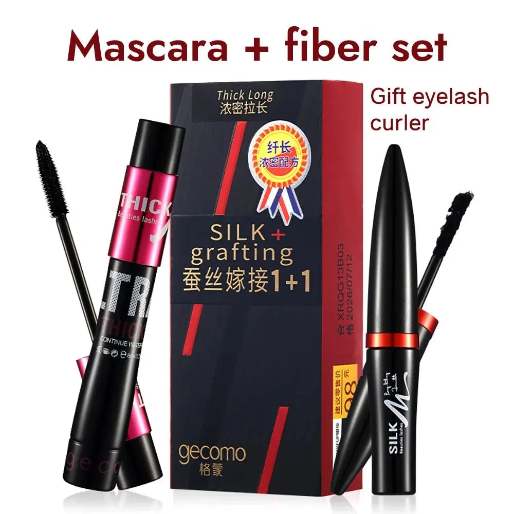 GECOMO 4D Silk Fiber Mascara Combo Set: Double Tube Waterproof Lash Extension