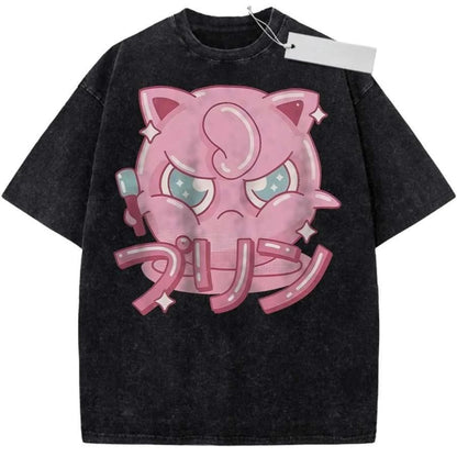 T Shirt Sports T Shirt Short Sleeve T Shirt Rose Red Unisex Pure Cotton Washed Vintage Pokemon Jigglypuff Anime Print