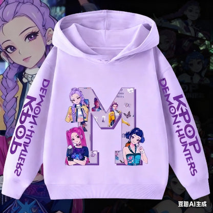 Hoodie for children with letters A-Z, Kpop Demon Hunters sportswear for girls, casual top for autumn and winter long sleeve