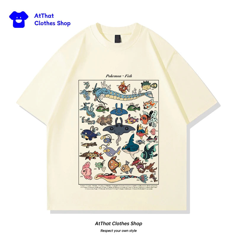 pokemon Fish Guide clothing, Japanese-style retro pure cotton loose summer short-sleeved T-shirt