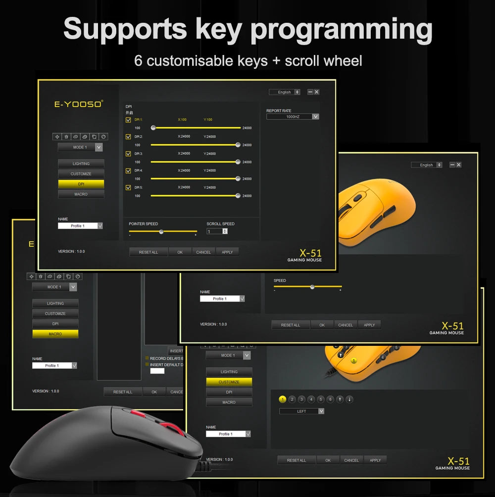 E-YOOSO X-51 USB Wired Gaming Mouse 24000 DPI 6 buttons programmable game Optical mice for Computer PC Laptop