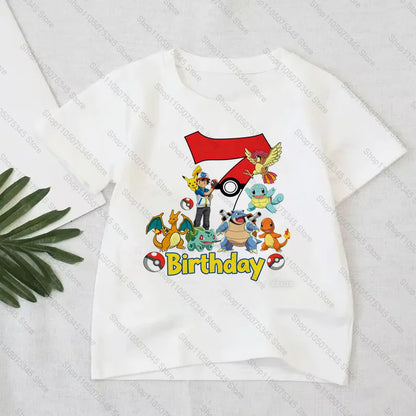 Pokémon Anime Printed T-Shirt Boys Girls Birthday Number 1-10 Clothes Fashion Figure Short-sleeved Kids Summer Birthday Gift