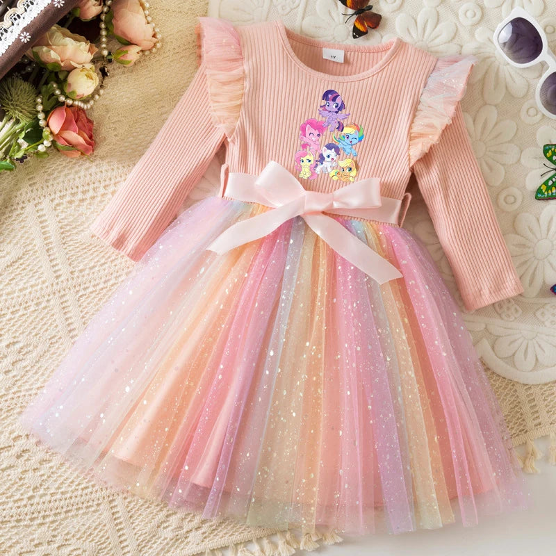 My Little Ponys Colorful Princess Dress for Kids Girls Casual Long Sleeve Sequin Mesh Dresses Party Gift 1-5Y
