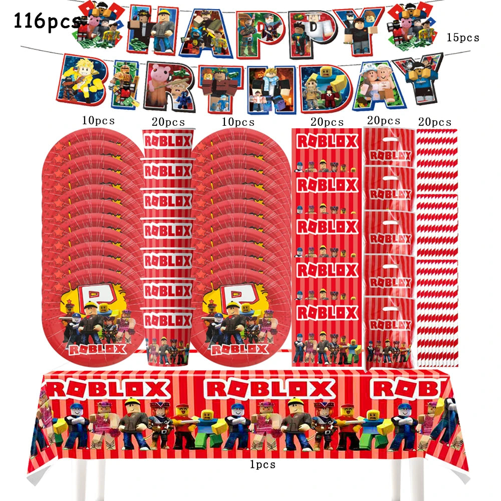 Robot Boy Happy Birthday Decoration Tableware Set Roblox Paper Tablecloth Plate Cup Cake Balloon Baby Shower Game Party Supplies