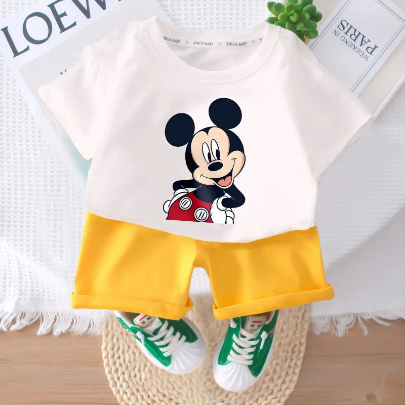 DISNEY Cartoon Printed Boys T Shirt Sets Summer Breathable Kids Short Sleeve Top and Shorts Two Piece Set Child Casual Outfits