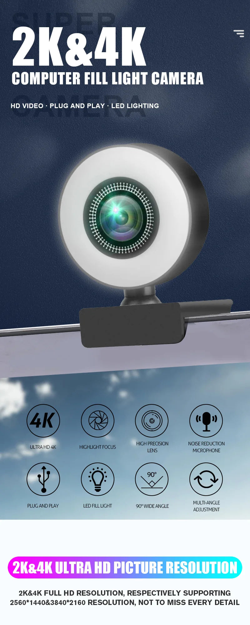 4K Webcam with LED Light 📷✨