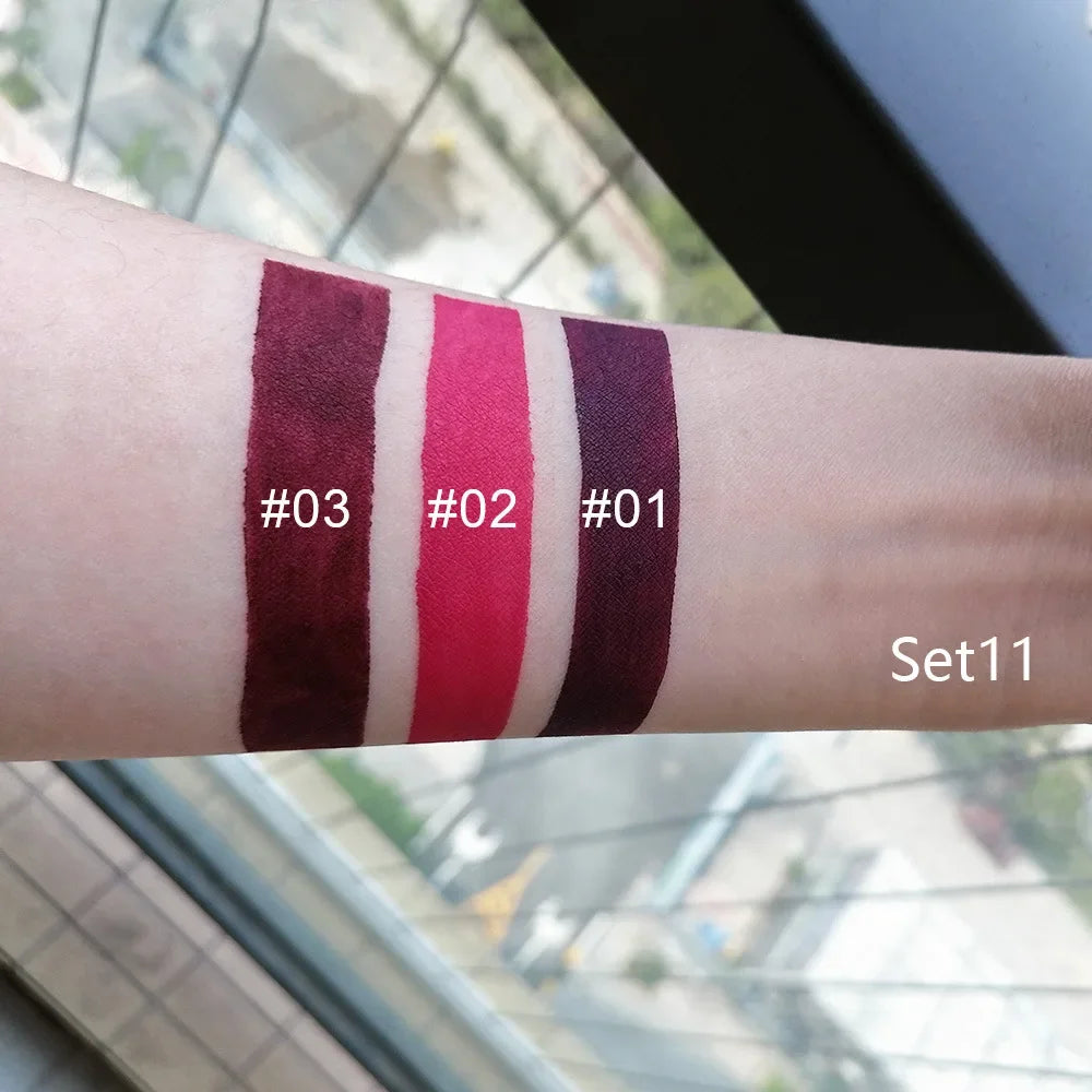 3 Colors/set Matte Velvet Lip Gloss Non-Stick Cup Waterproof Long-lasting Liquid Lipstick Cosmetic Keep 24 Hours Fashion Makeup