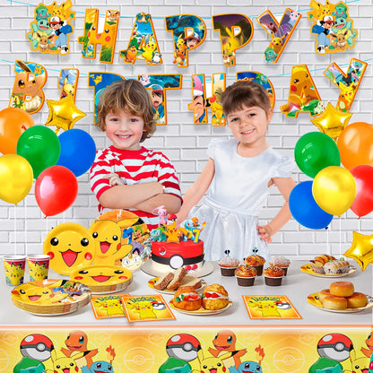 Pokemon Party Tableware,114 Pcs Pokemon Birthday Party Decorations- Pikachu Tablecloth Banner Plates etc Pokemon Party Supplies