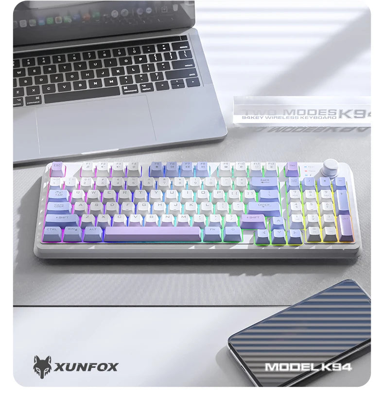 K94 Wireless Gaming Keyboard, BT 5.0/2.4GHz With Dual Mode 2-in-1 Receiver, 95 Keys TKL Rainbow LED Backlit Quiet Keyboard For
