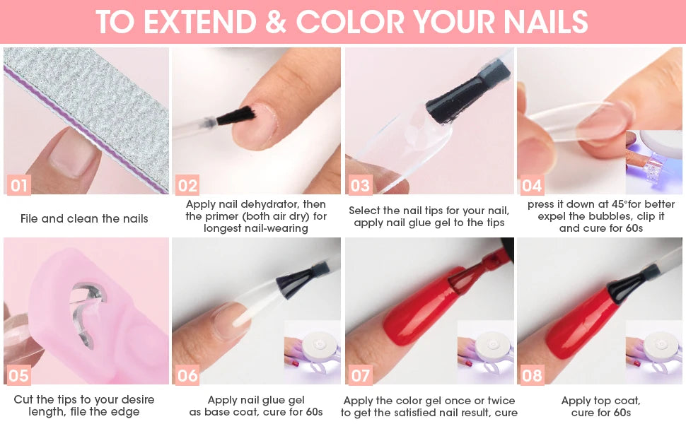 8 Colors Gel Nail Polish Kit with 36W UV Light Nail Dryer 504Pcs Coffin Fake Fails Tips and Glue Prep Top Base Coat Manicure Kit
