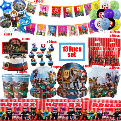 139PCS Roblox Birthday Decoration Party Kit Disposable Tableware Set Roblox Game Tablecloth Balloon Gift Bag Kids Party Supplies