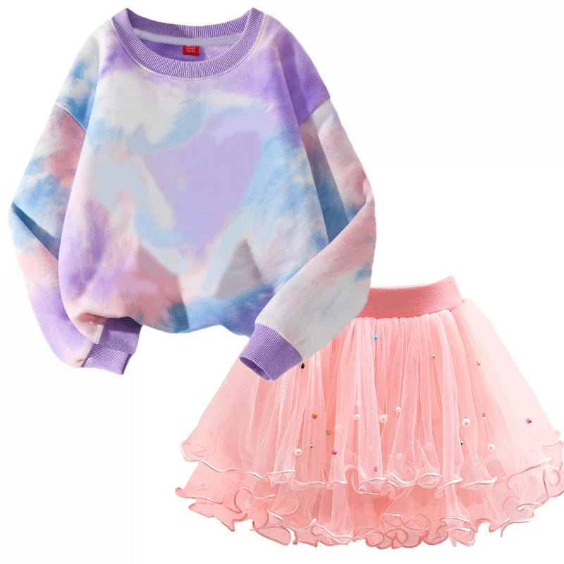 Girls' K-Pop HUNTRX Autumn Set: Pink Tie-Dye Sweatshirt & Pearl Tulle Princess Skirt