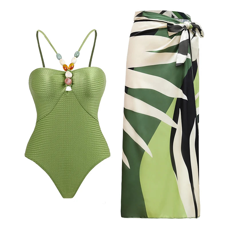 2024 Sexy Women's Swimsuit with Skirt One-Piece Swimwear Vintage Ruffle V Neck Cover Up Bikinis Set Beachwear Bathing Suit
