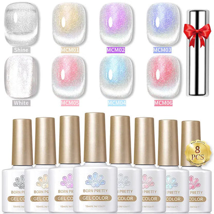 BORN PRETTY 8Pcs Glitter Cat Magnetic Nail Gel Polish Set Moonlight Transparent Summer Semi Permanent UV Gel Soak Off Nail Gel