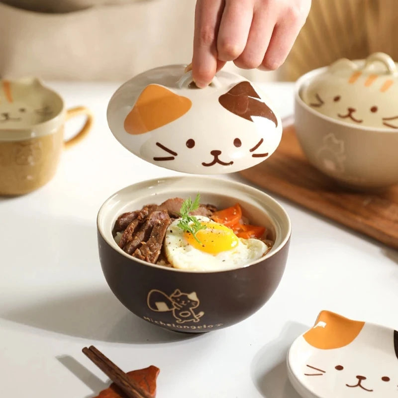 Cartoon Cat Ceramic Noodle Bowl with Lid 🐱🍜