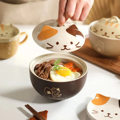 Cartoon Cat Ceramic Noodle Bowl with Lid 🐱🍜