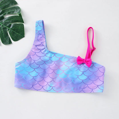 Girls' "Nature Love" Bikini Set: Mermaid Scale Pattern with Chibi Fox & Asymmetric Ruffles
