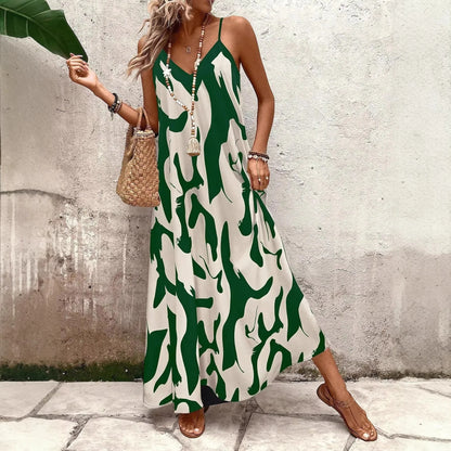 Summer 2026 Women's Fashion Slim Fit Floral Print V-Neck Loose Holiday Style Dress Knitted Fabric A- Line Skirt Casual Wear