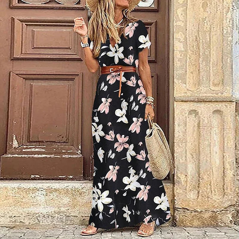 Summer Trend V-Neck Women Retro Vintage Print Slim With Belt Sexy Casual Elegant Holiday Dress High Slit Irregular Midi Dress