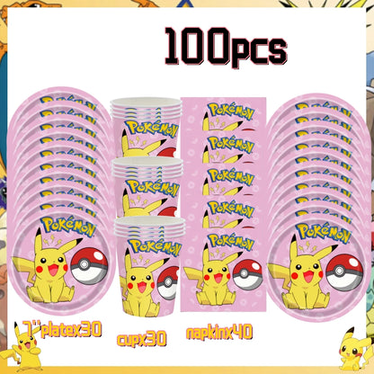 Pink Pokemon Birthday Party Decoration Disposable Tableware Set Pikachu Tablecloth Cup Plate Baby Shower Kids Diy Party Supplies