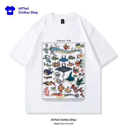 pokemon Fish Guide clothing, Japanese-style retro pure cotton loose summer short-sleeved T-shirt