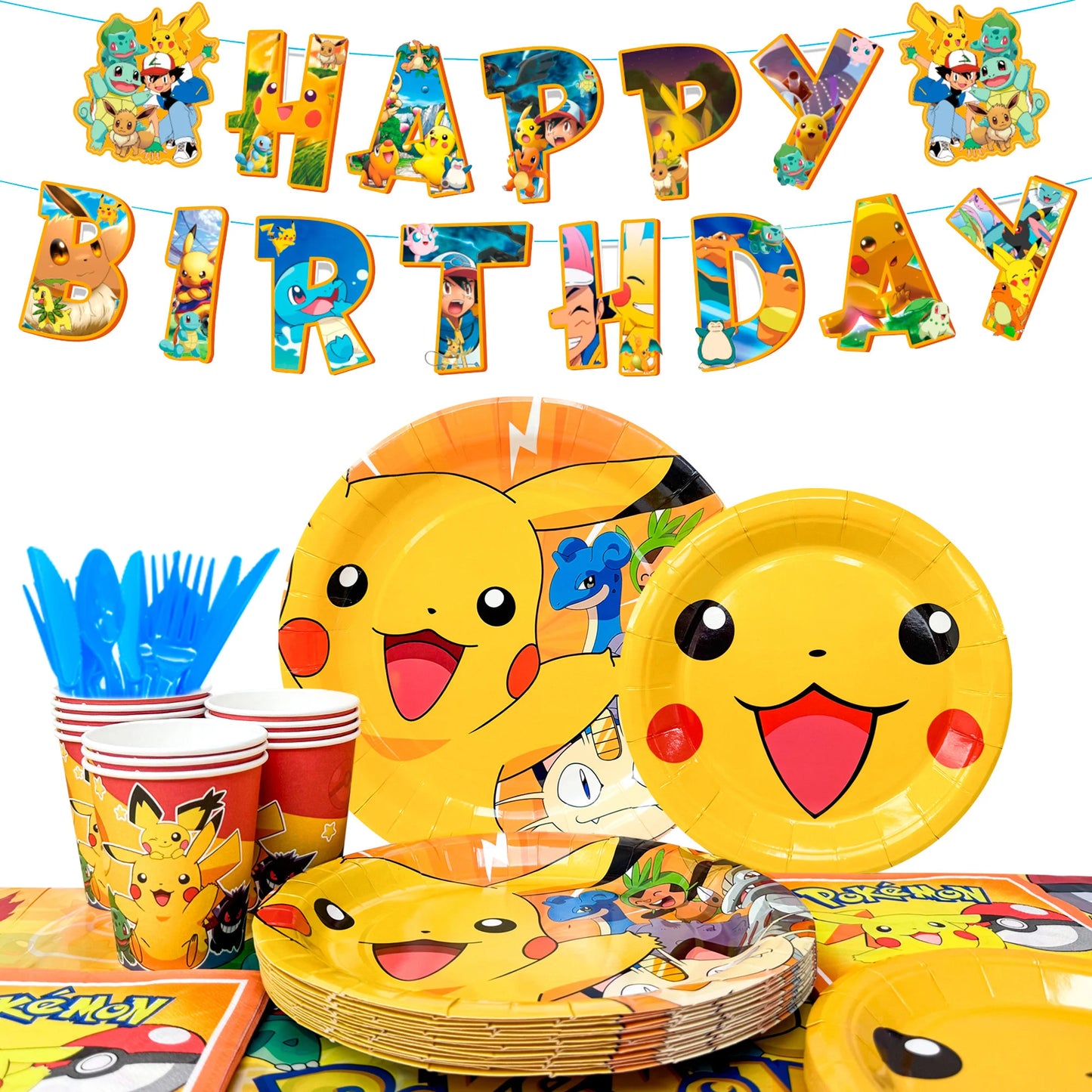 Pokemon Party Tableware,114 Pcs Pokemon Birthday Party Decorations- Pikachu Tablecloth Banner Plates etc Pokemon Party Supplies
