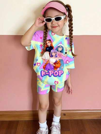 Kpop Cartoon Graphic New T-Shirt and Pants Set Girls' Summer Clothing Cute Short Sleeve Set Children's T-Shirt and Shorts Set
