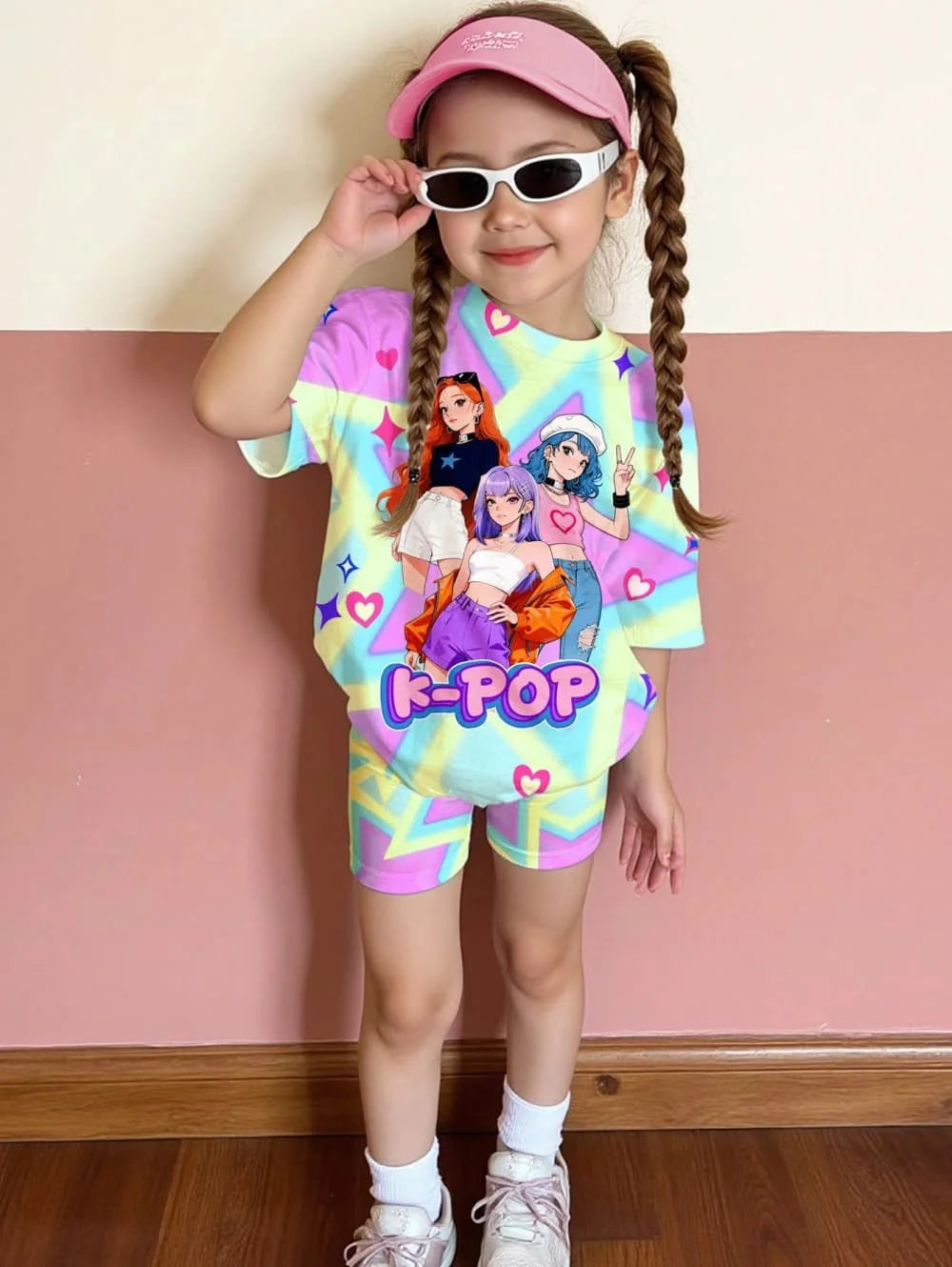 Kpop Cartoon Graphic New T-Shirt and Pants Set Girls' Summer Clothing Cute Short Sleeve Set Children's T-Shirt and Shorts Set