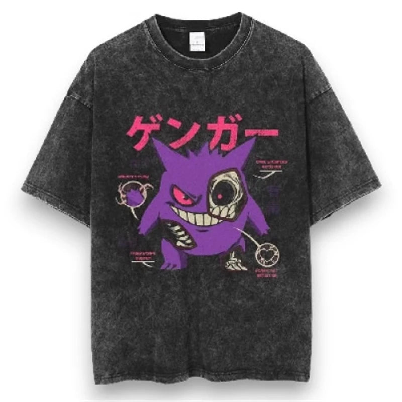 Pokemon Anime Retro Washed T-shirt Cotton Men's and Women's Summer New Item Plus Size T-shirt Y2K Loose Casual Short Sleeved Top