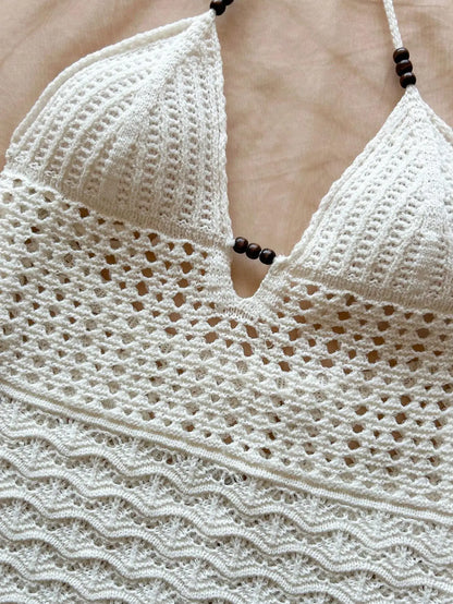 Women's V-Neck Strapless Dress, Hollow Out, Wooden Bead, Slim Fit, Gradient Color, Knitted, Sexy, Vacation Wear