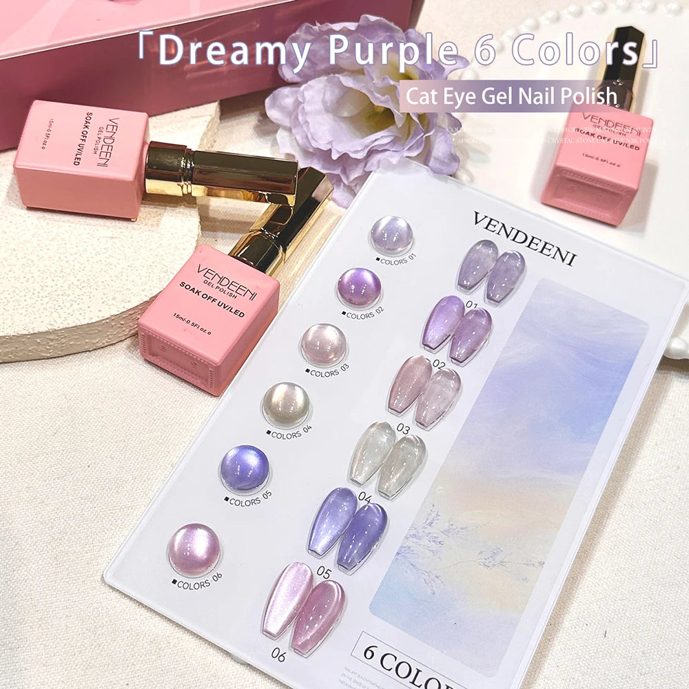 Vendeeni 6 Colors Crystal Cat Eye Gel Nail Polish Set Semi Permanent Sparkling Magnetic UV LED Soak Off Gel Varnish With Display