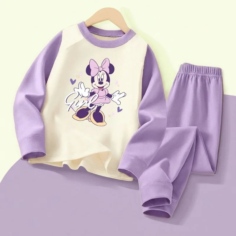 DISNEY MINNIE Printed Girls Casual Spliced Sleepwears Sets Autumn Winter Kids Comfy Soft Home Clothing Set Child Pijamas 0-10Y