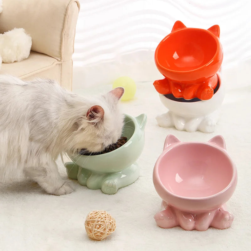 Cute Ceramic Cat Bowl with High Feet Dog Drinking Water Bowl Pet Supplies Cervical Spine Protection Diagonal Design Accessories
