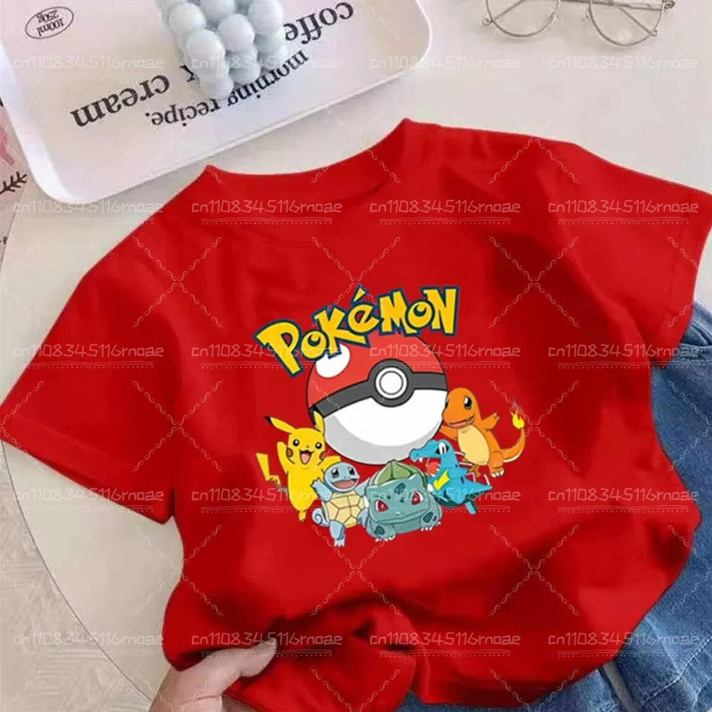 Pok é Mon Children's/Adult Clothing Pikachu Cotton T-shirt Boys and Girls Cartoon Anime T-shirt Cute Printed Clothing Gift