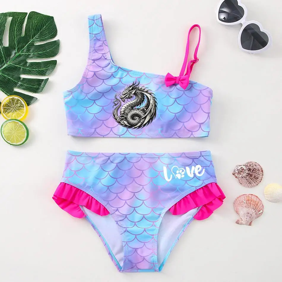 Girls' "Nature Love" Bikini Set: Mermaid Scale Pattern with Chibi Fox & Asymmetric Ruffles