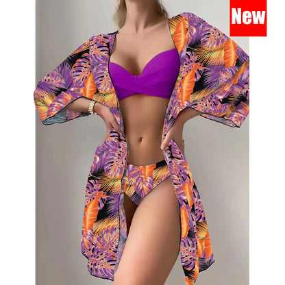 Three Pieces Bikini Set Cover Up Women 2023 New Push Up Twist Swimsuit Print Long Sleeve Swimwear Biquini Bathing Suit Summer