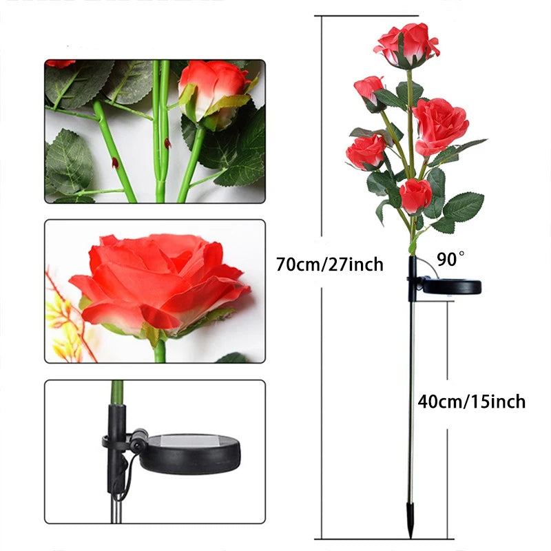 Simulation 5 Heads Rose Lamp Solar LED Lawn Lamp Decor Garden Wedding Parterre Party Camping Outdoor Yard Patio Ground Lights