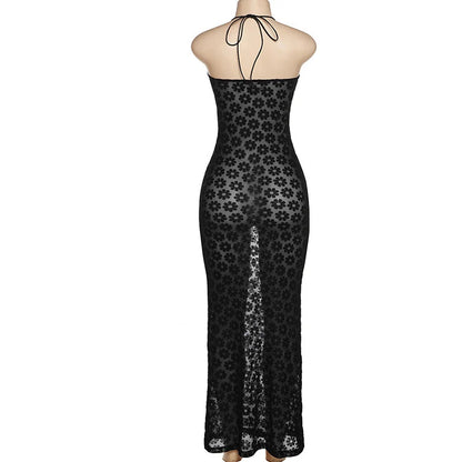 Solid Color Hanging Neck Maxi Dress Sexy Hollow Women Perspective Bag Hips Robe Female Street Trendy Dresses Clothing