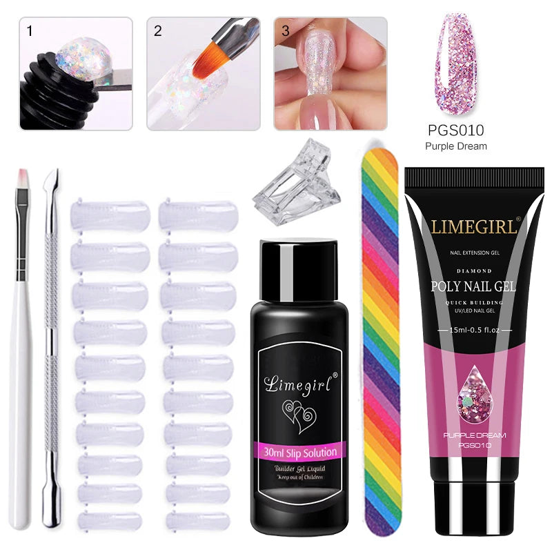 LIMEGIRL Set Poly Nail Gel for Extension Gel Set Manicure Acryl Gel Varnish Set 15ML Acrylic Liquid Nail Art Nail Kit UV Gel Kit