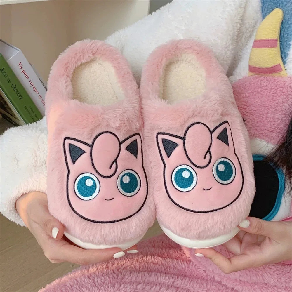 Pokemon Anime Couple Slippers Cute Pikachu Eevee Cartoon Cotton Home Shoes for Men And Women with Velvet Insulation Winter Gifts